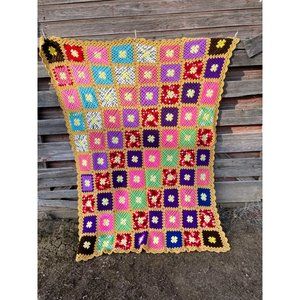 Vintage Colorful Granny Square Crochet Afghan 75x56"